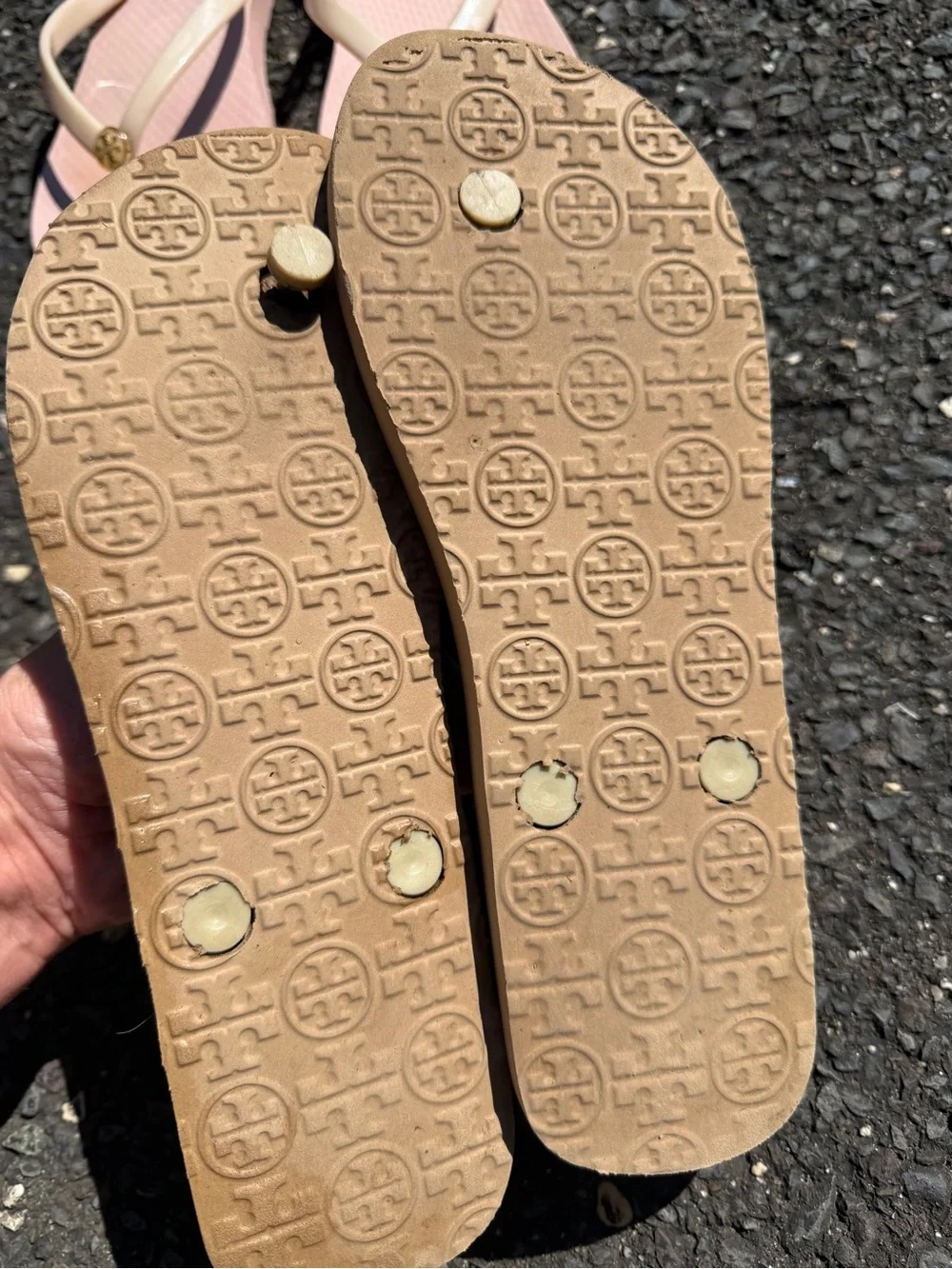 Tory Burch Bundle Logo Flip Flops in Pink and Tan